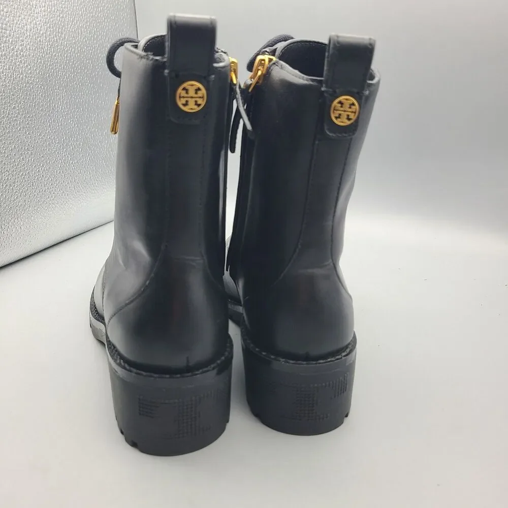 Tory Burch Combat Lug Sole Boots Zipper Lace Up Black Leather Logo US 6 New